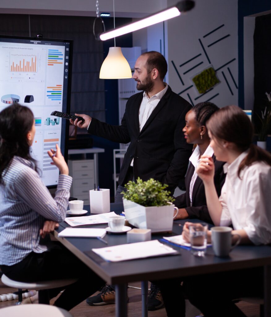 Entrepreneur man brainstorming management strategy working hard in meeting office